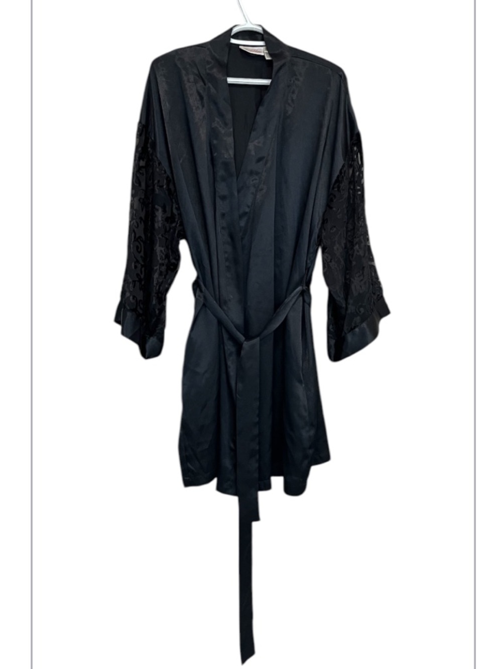 Vintage Versailles Black Satin Robe with Sheer Velvet Sleeves - Size L